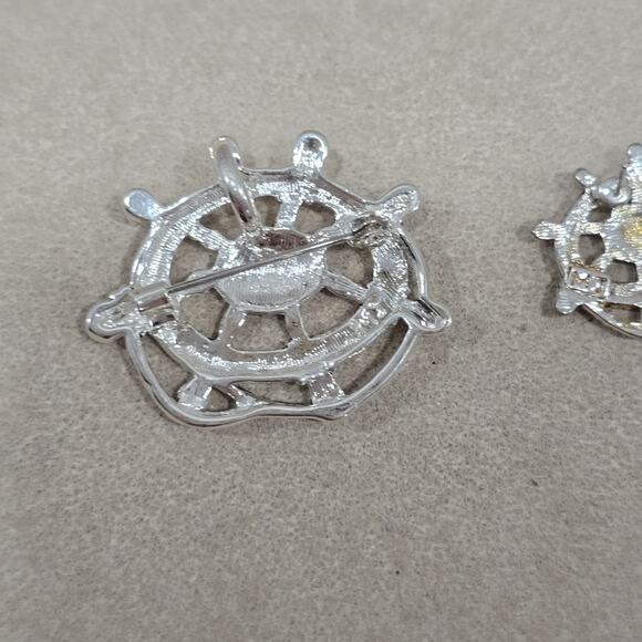 Vintage "MJ" Marie Jennifer Nautical Ship Wheel Rope Brooch Pendant Earrings - Picture 5 of 12
